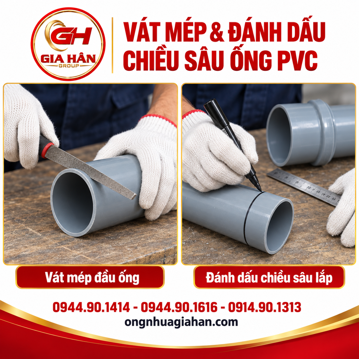 Đầu ống PVC được vát mép và đánh dấu chiều sâu lắp nối