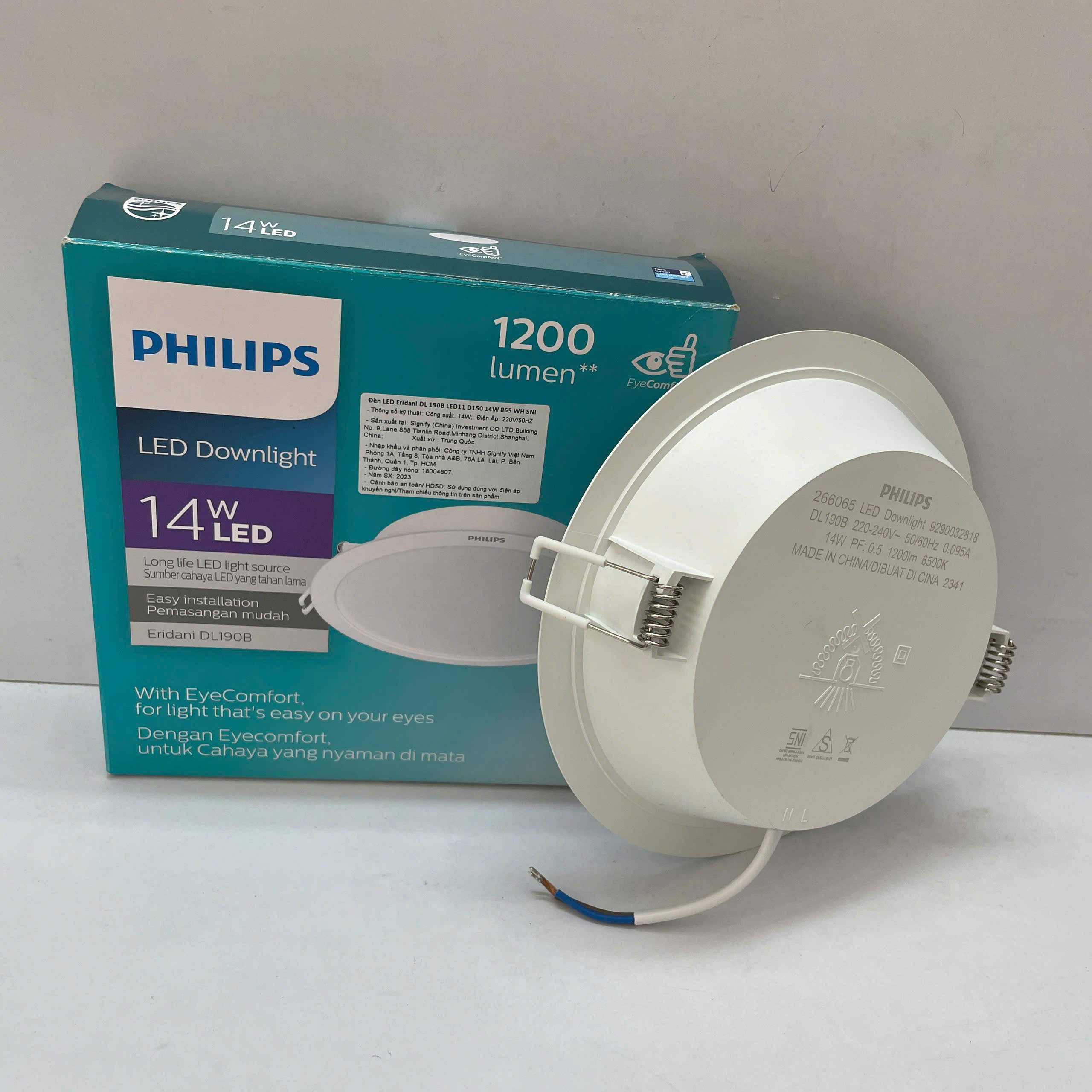 Chi tiết thông số kỹ thuật Đèn downlight âm trần Led Philips Eridani DL190B LED11 D150 14W 865 WH SNI 6500K 1150lm.