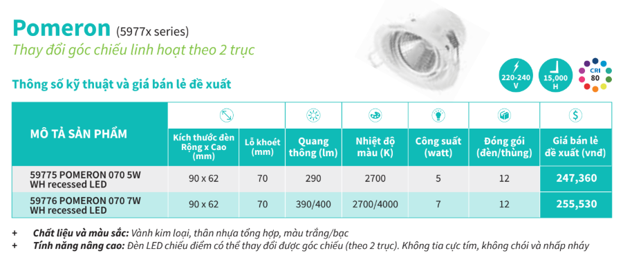 đèn âm trần chiếu điểm 59776 POMERON 070 7W Philips