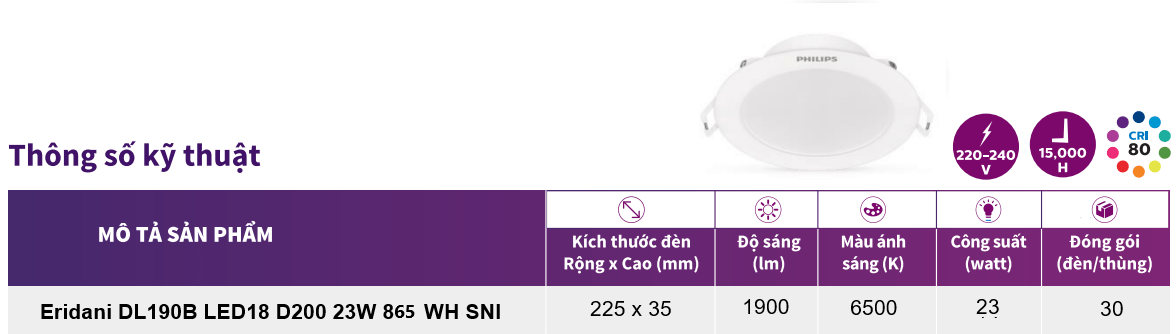 Thông số kỹ thuật đèn Downlight âm trần LED Philips Eridani DL190B LED18 D200 23W 865 WH SNI Thông số kỹ thuật đèn Downlight âm trần LED Philips Eridani DL190B LED18 D200 23W 865 WH SNI