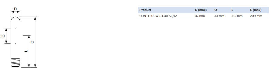 Kích thước của bóng đèn cao áp Philips Sodium SON-T 100W E E40 SL/12 dạng thẳng Kích thước của bóng đèn cao áp Philips Sodium SON-T 100W E E40 SL/12 dạng thẳng