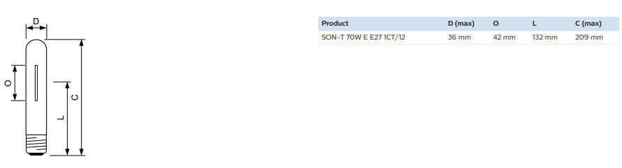 Kích thước của bóng đèn cao áp Philips Sodium SON-T 0W E E40 SL/12 dạng thẳng Kích thước của bóng đèn cao áp Philips Sodium SON-T 0W E E40 SL/12 dạng thẳng