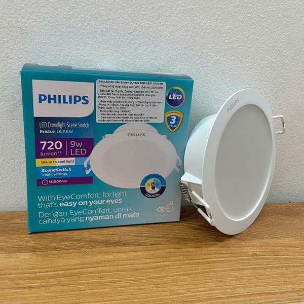 💡 Sắc màu cuộc sống trong tầm tay: Khám phá Đèn downlight âm trần đổi màu Led Philips Eridani DL190B SSW LED7 D100 9W 720lm CCT 3000K/4300K/6500K. Biến không gian thành kiệt tác ánh sáng.