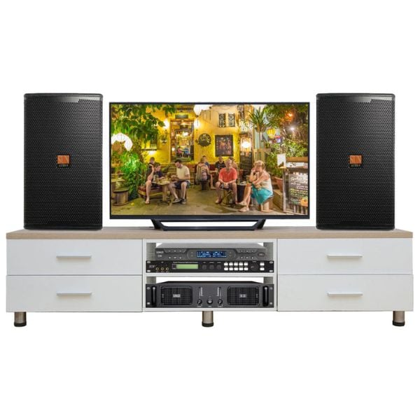 Dàn karaoke Sunaudi 04 gồm loa SR-912, cục đẩy M-2.8, vang số X5, micro E-300