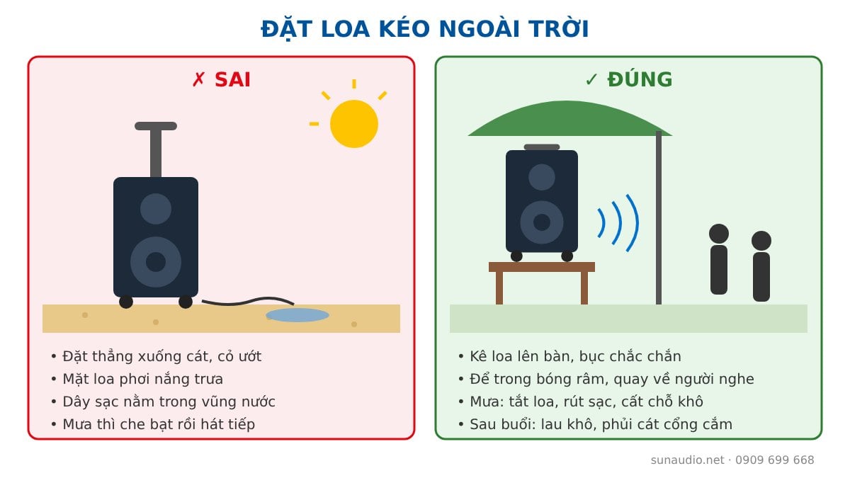 Cách đặt loa kéo ngoài trời đúng và sai: bóng râm, kê cao, tránh cát và nước