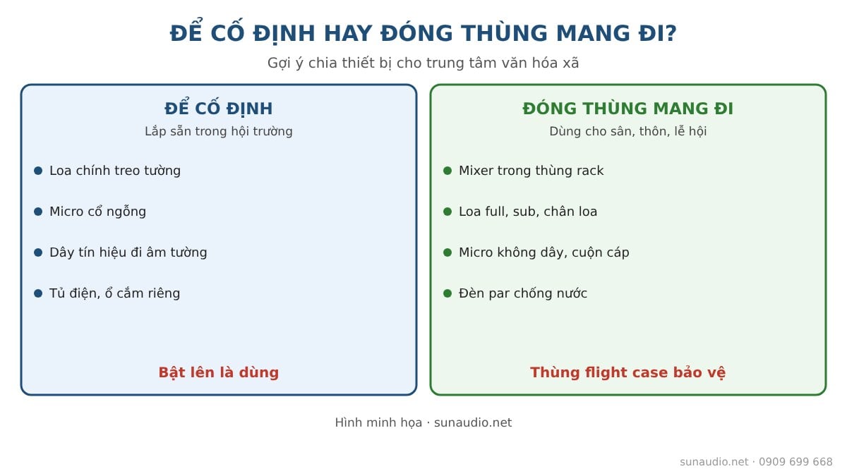 Chia thiết bị âm thanh nhà văn hóa xã thành phần cố định và phần đóng thùng mang đi
