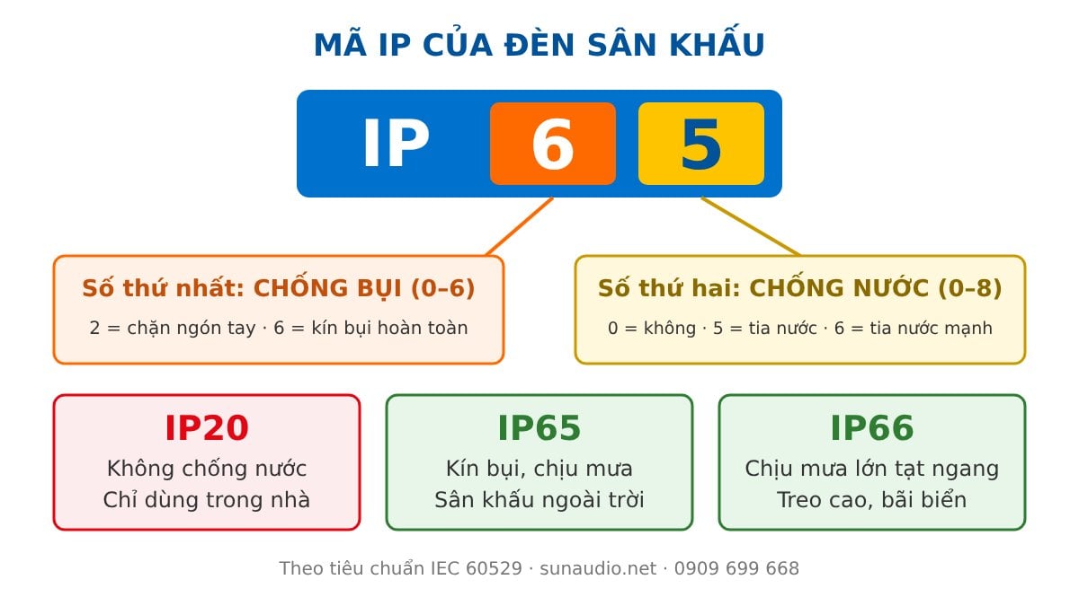 Sơ đồ giải thích mã IP chống bụi chống nước cho đèn sân khấu ngoài trời IP20, IP65, IP66