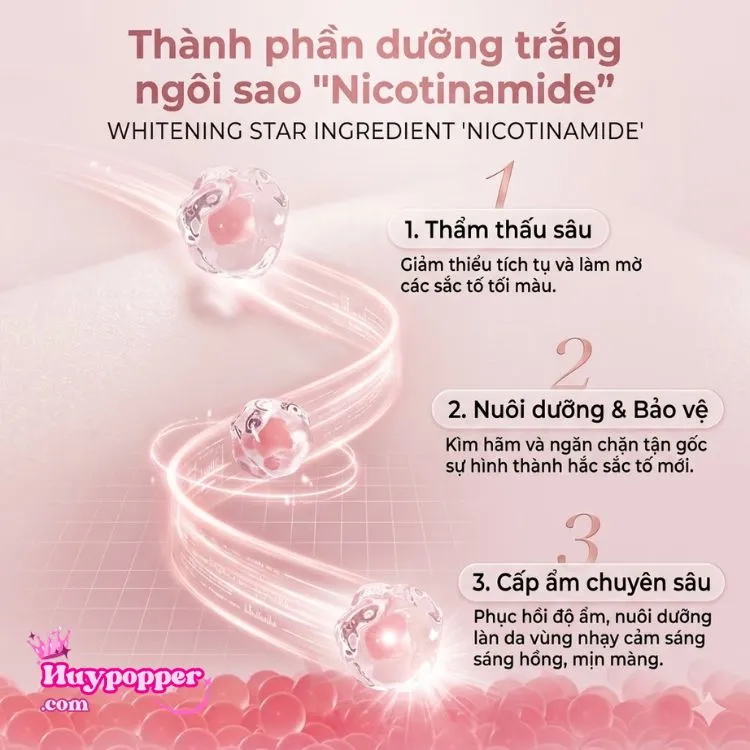 Tinh chất Nicotinamide phân tử nhỏ thẩm thấu sâu giúp giảm hắc sắc tố và nuôi dưỡng vùng kín sáng hồng. Tinh chất Nicotinamide phân tử nhỏ thẩm thấu sâu giúp giảm hắc sắc tố và nuôi dưỡng vùng kín sáng hồng.