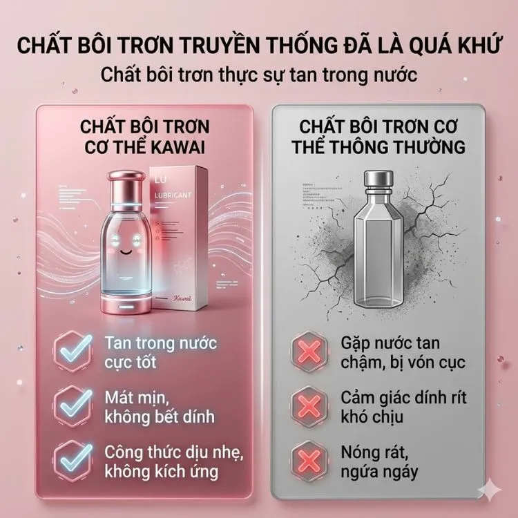 Bảng so sánh tính năng tan trong nước cực tốt, mát mịn và không dính rít của chất bôi trơn cơ thể Kawai. Bảng so sánh tính năng tan trong nước cực tốt, mát mịn và không dính rít của chất bôi trơn cơ thể Kawai.