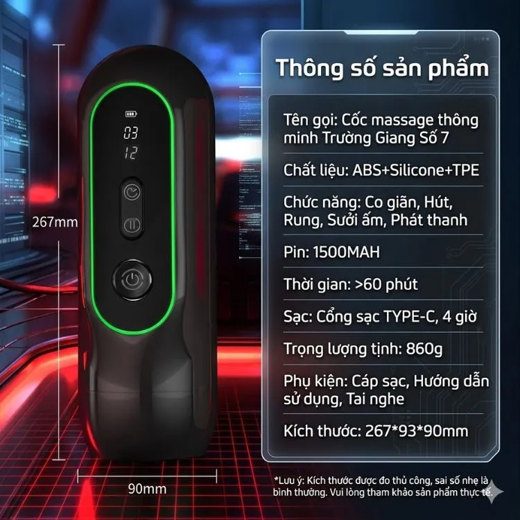 Bảng thông số kích thước chiều cao 267mm, trọng lượng đầm tay 860g và dung lượng pin 1500mAh của máy Paradise. Bảng thông số kích thước chiều cao 267mm, trọng lượng đầm tay 860g và dung lượng pin 1500mAh của máy Paradise.
