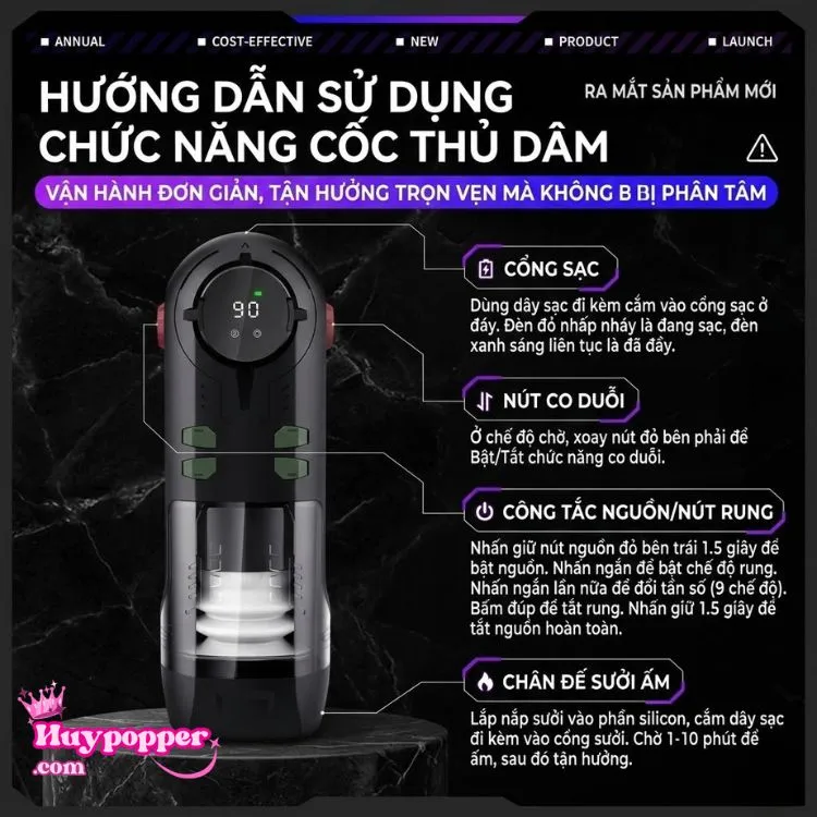 Hướng dẫn sử dụng chi tiết các phím chức năng trên máy thủ dâm nam Miyu: nút nguồn tích hợp chế độ rung, nút vặn co duỗi thụt thò và cổng sạc. Hướng dẫn sử dụng chi tiết các phím chức năng trên máy thủ dâm nam Miyu: nút nguồn tích hợp chế độ rung, nút vặn co duỗi thụt thò và cổng sạc.