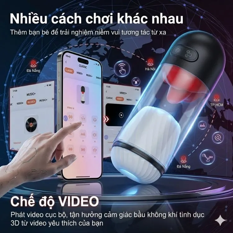 Tính năng kết nối ứng dụng di động điều khiển xa gần và đồng bộ chế độ phát video theo nhịp của máy ngậm bú Ababa. Tính năng kết nối ứng dụng di động điều khiển xa gần và đồng bộ chế độ phát video theo nhịp của máy ngậm bú Ababa.