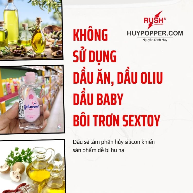 Không sử dụng dầu để bôi trơn sextoy vì sẽ làm hỏng bề mặt silicon Không sử dụng dầu để bôi trơn sextoy vì sẽ làm hỏng bề mặt silicon