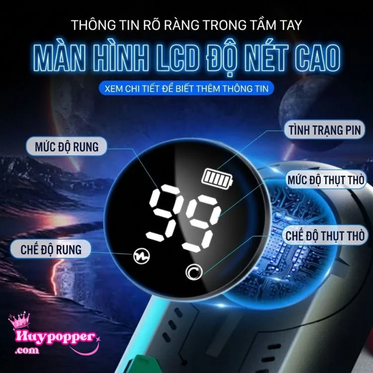 Màn hình LCD độ nét cao trên máy thủ dâm nam Miyu Space hiển thị rõ ràng các thông số thông minh: tình trạng pin, chế độ rung và mức độ thụt thò. Màn hình LCD độ nét cao trên máy thủ dâm nam Miyu Space hiển thị rõ ràng các thông số thông minh: tình trạng pin, chế độ rung và mức độ thụt thò.