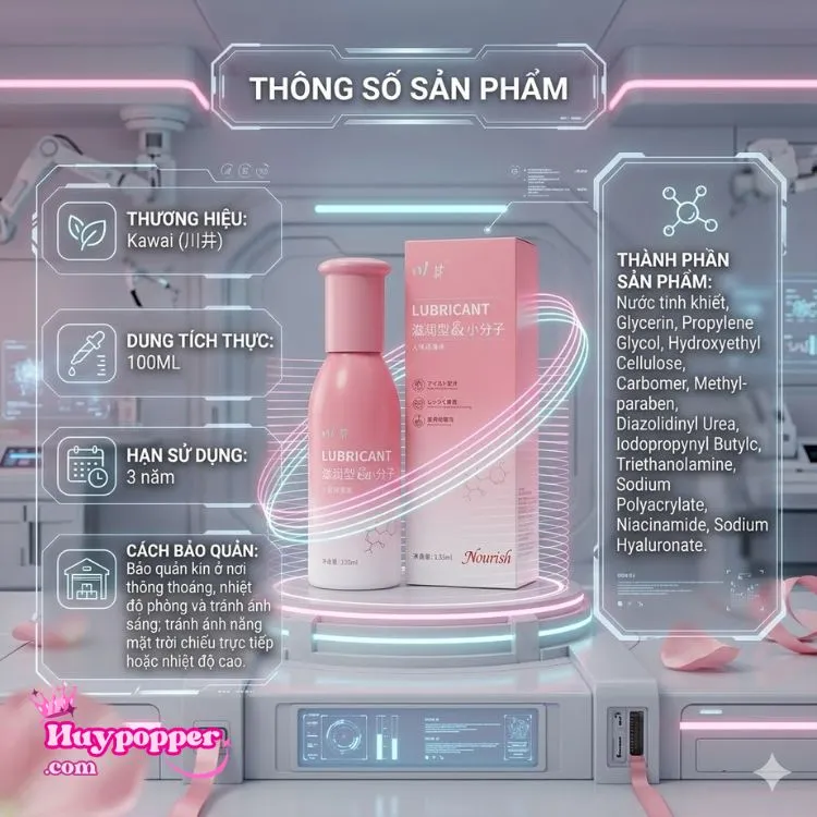Bảng thông số dung tích 100ml, hạn sử dụng 3 năm và thành phần chi tiết của tinh chất bôi trơn Kawai. Bảng thông số dung tích 100ml, hạn sử dụng 3 năm và thành phần chi tiết của tinh chất bôi trơn Kawai.
