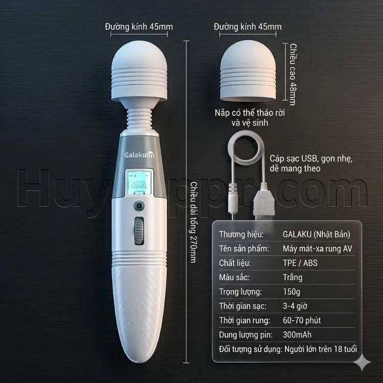 Bảng thông số kích thước chiều dài 270mm, trọng lượng 150g và dung lượng pin 300mAh của gậy rung Galaku Silvia. Bảng thông số kích thước chiều dài 270mm, trọng lượng 150g và dung lượng pin 300mAh của gậy rung Galaku Silvia.