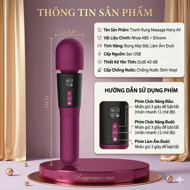 Bảng thông số kích thước chiều dài 23cm, thiết kế yên tĩnh dưới 40dB và hướng dẫn phím bấm của thanh rung massage Aurelia. Bảng thông số kích thước chiều dài 23cm, thiết kế yên tĩnh dưới 40dB và hướng dẫn phím bấm của thanh rung massage Aurelia.