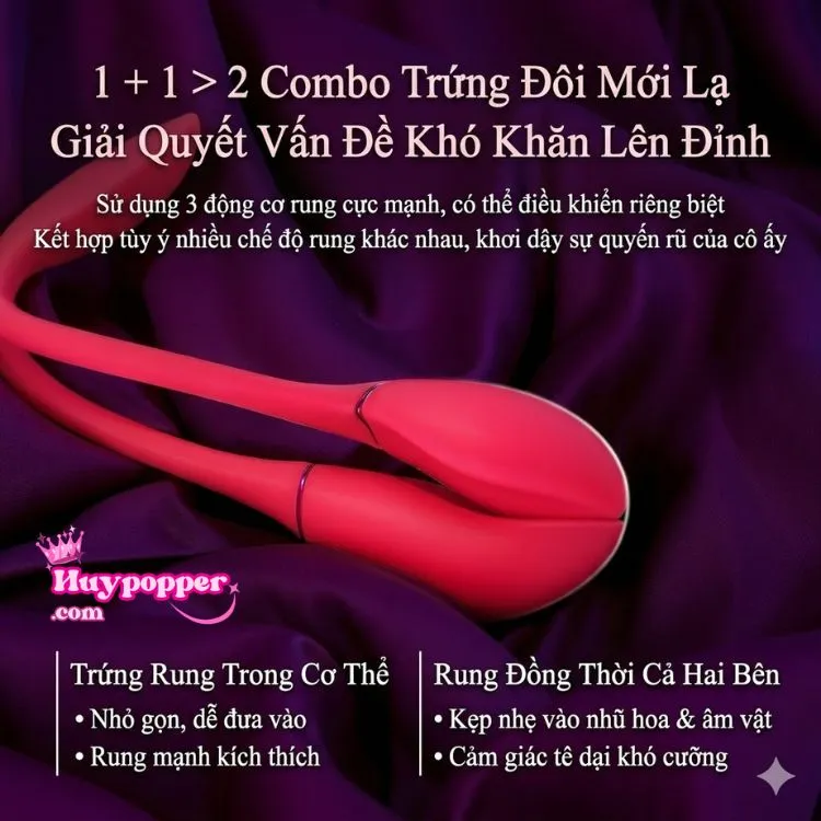 Thiết kế thông minh cho phép chập đôi 2 nhánh của trứng rung Phoenix Fire thành 1 khối để thâm nhập sâu vào âm đạo hoặc hậu môn, nhân đôi khoái cảm. Thiết kế thông minh cho phép chập đôi 2 nhánh của trứng rung Phoenix Fire thành 1 khối để thâm nhập sâu vào âm đạo hoặc hậu môn, nhân đôi khoái cảm.