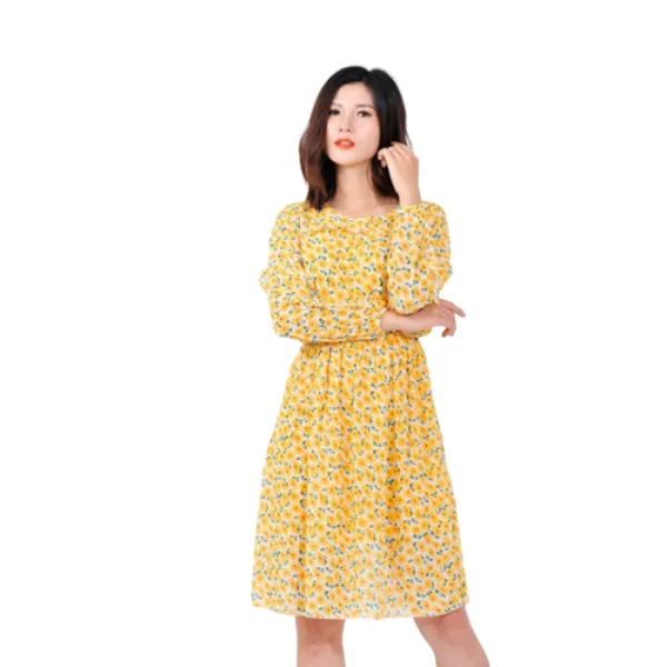 Váy đầm công sở họa tiết hoa cổ tròn tay dài