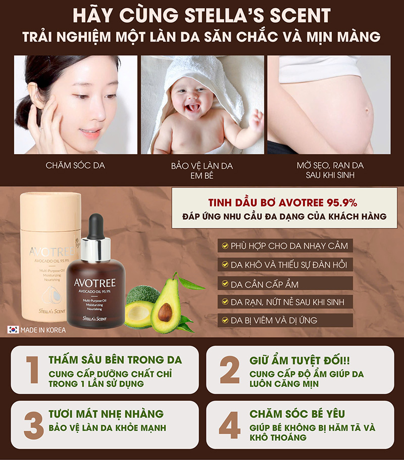 Tinh dầu bơ Avotree Stella’s Scent 95,9% là lựa chọn hoàn hảo cho những ai tìm kiếm sản phẩm dưỡng da tự nhiên – an toàn – hiệu quả.