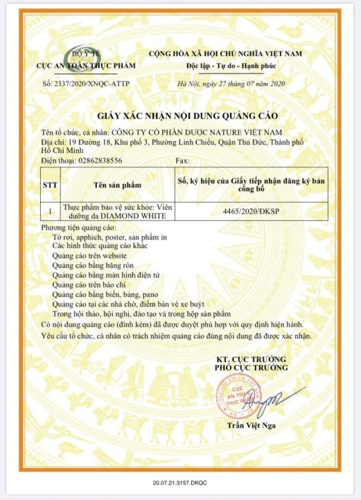 giay xac nhan noi dung quang cao vien uong trang da diamond white chinh hang