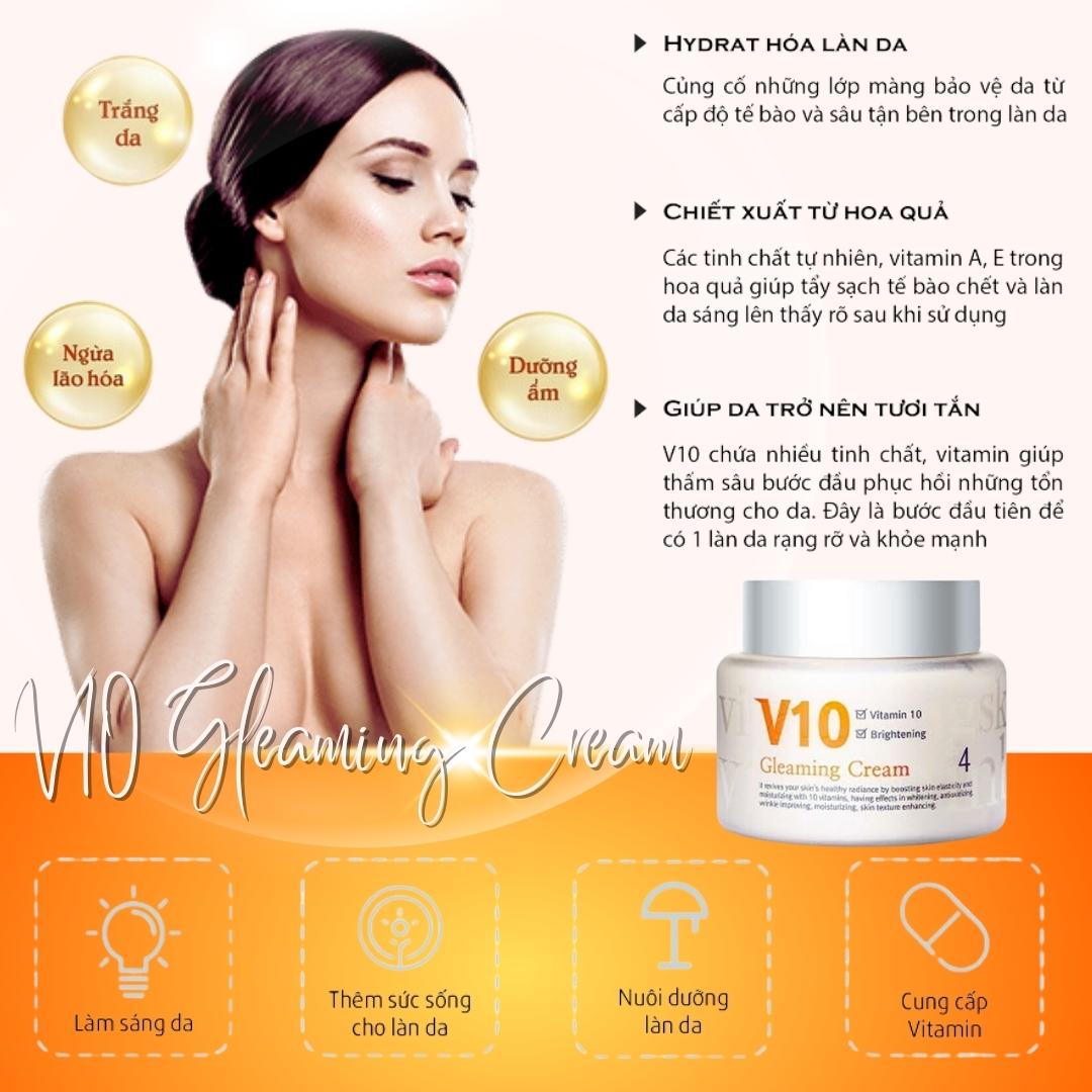 Kem Dưỡng Trắng Da V10 Skinaz thương hiệu mỹ phẩm Hàn Quốc ,là dòng kem dưỡng trắng da chất lượng kết hợp với tinh chất từ thiên nhiên an toàn cho da, thành phần không chứa Chì, không Thủy ngân, không Corticoid,Paraben, và không kèm các hóa chất gây hại cho da mang lại hiệu quả chăm sóc dưỡng trắng làm đẹp làn da của chị em phụ nữ. gia kem skinaz v10 gleaming cream han quoc