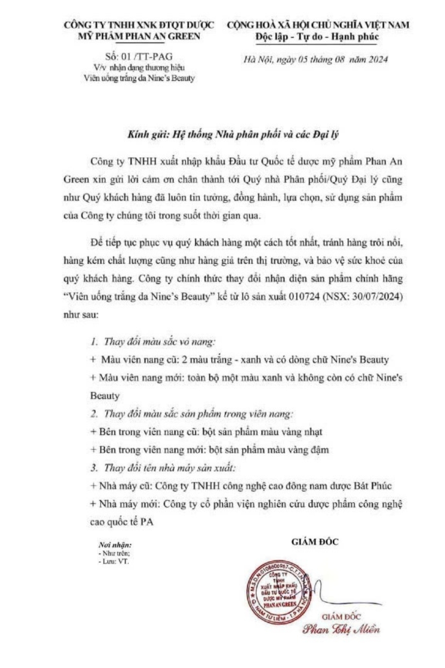 Thông báo thay đổi trụ sở sản xuất viên uống trắng da nine's beauty