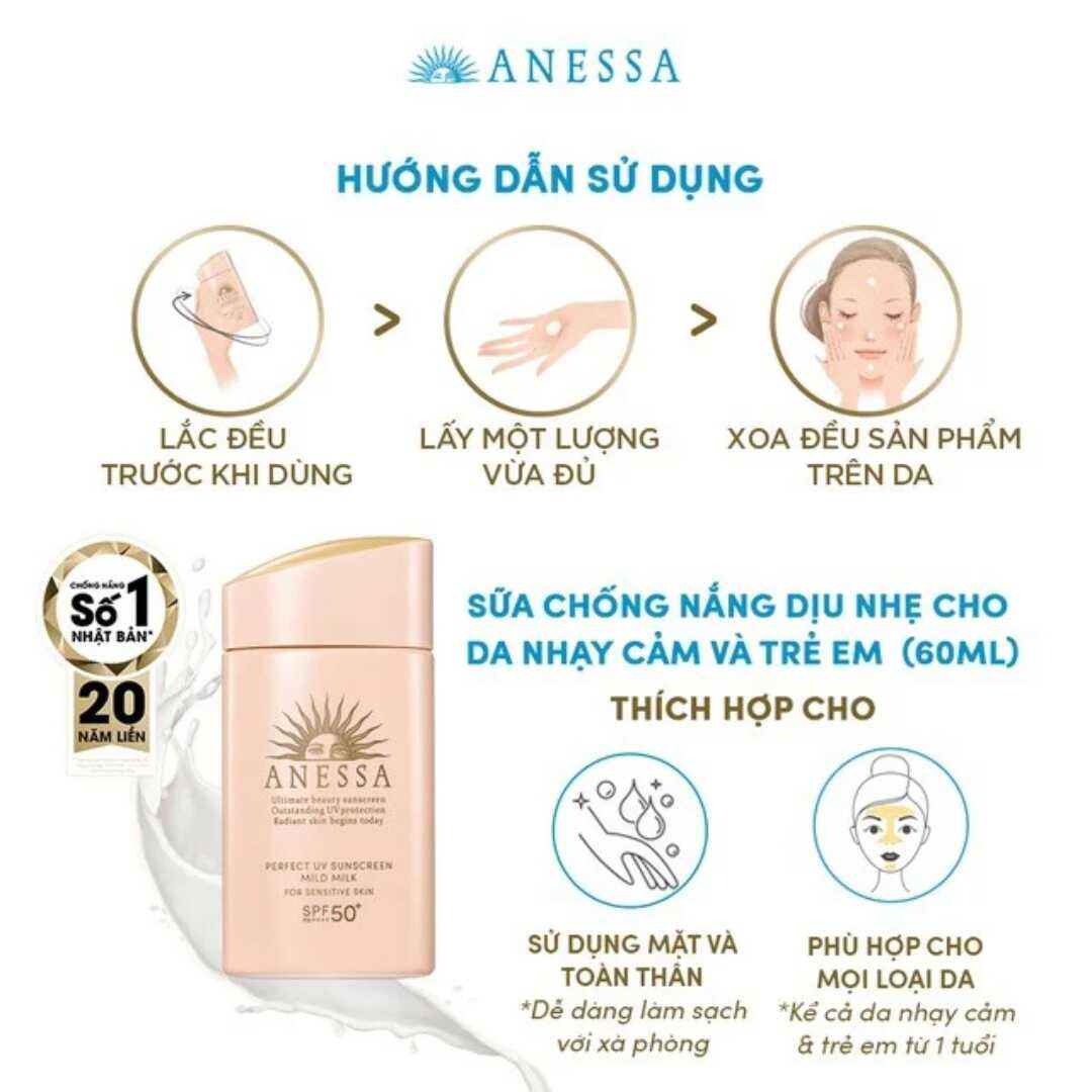 Sữa chống nắng Anessa cho da nhạy cảm và trẻ em Perfect UV Sunscreen Mild Milk 