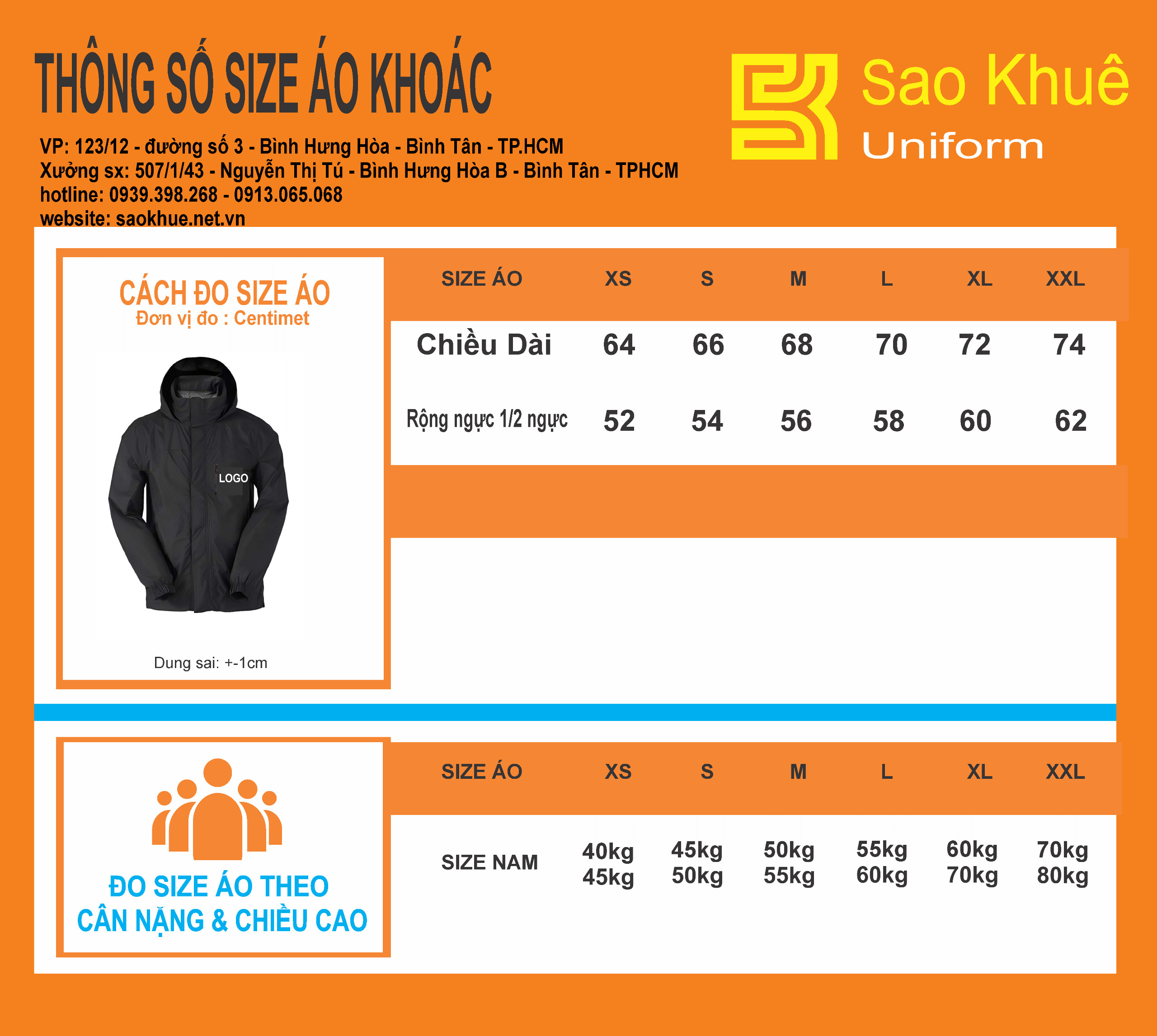 Bảng size áo khoác đồng phục