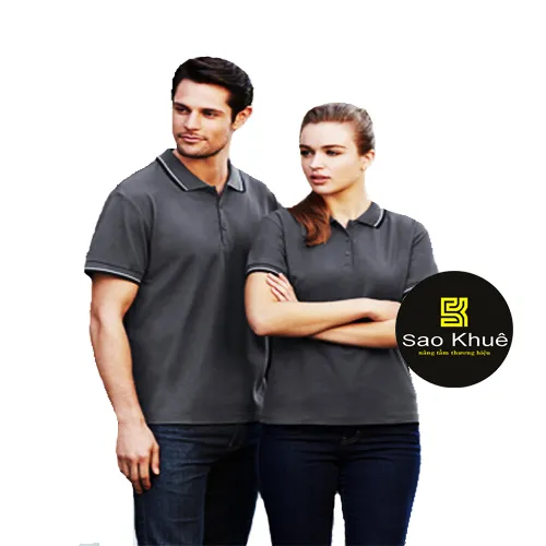 Áo Thun Đồng Phục màu xám ghi phối bo cổ sọc