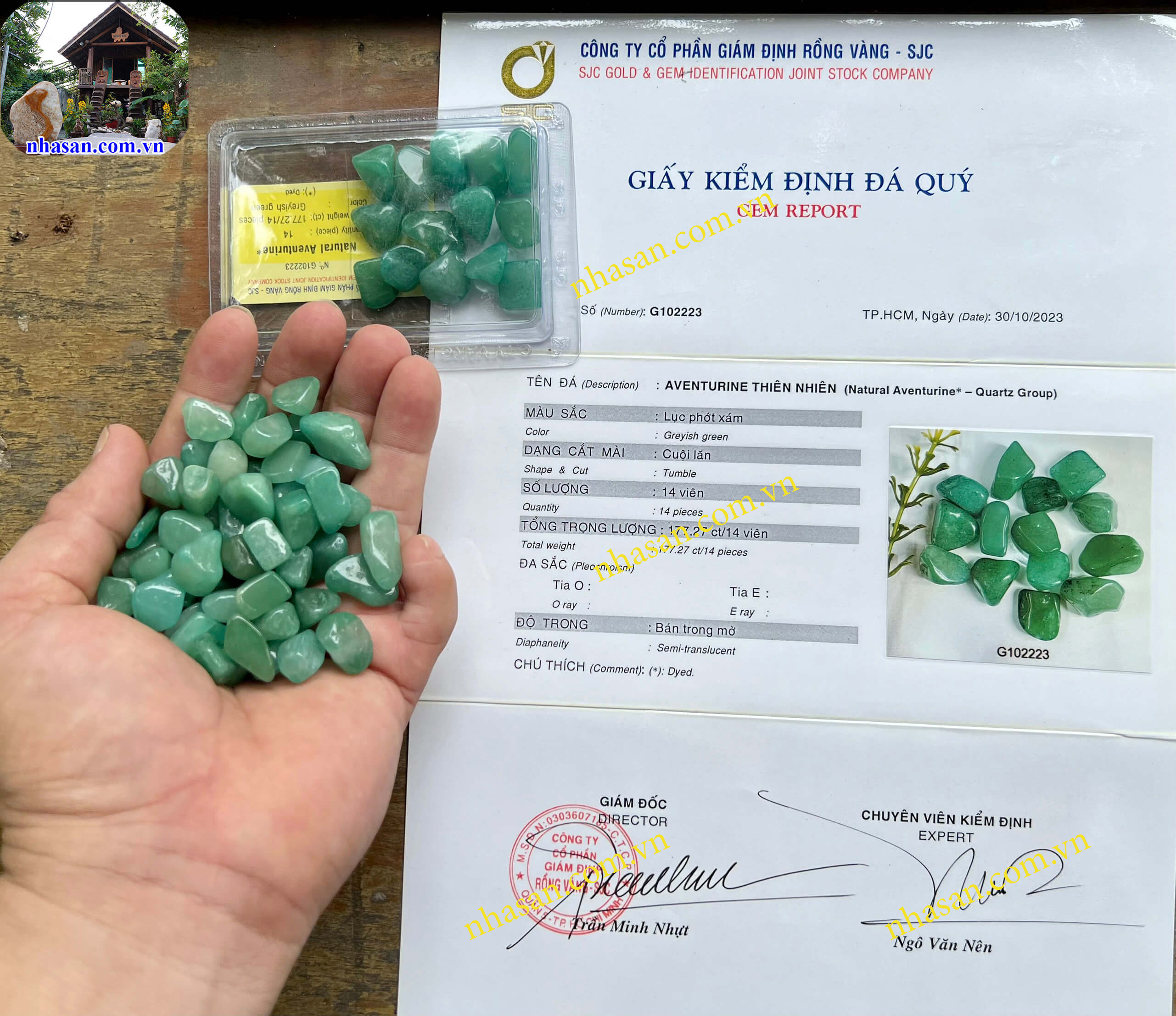 Giấy kiểm định đá thạch anh xanh vụn mài bóng thiên nhiên