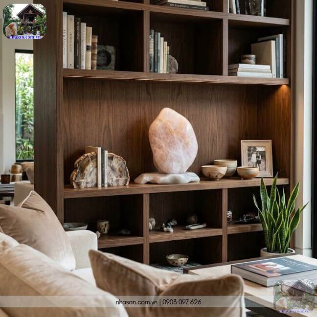 Đặt trụ đá thạch anh hồng tự nhiên T79 trên kệ trang trí trong phòng khách Đặt trụ đá thạch anh hồng tự nhiên T79 trên kệ trang trí trong phòng khách