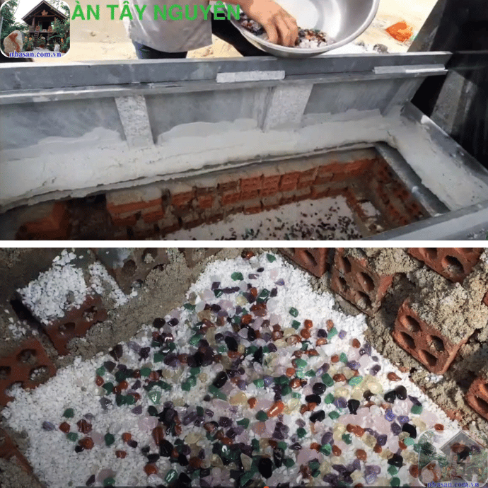 Rải một lớp đá thạch anh vụn dưới toàn bộ nền móng của ngôi mộ có tác dụng trấn trạch Rải một lớp đá thạch anh vụn dưới toàn bộ nền móng của ngôi mộ có tác dụng trấn trạch