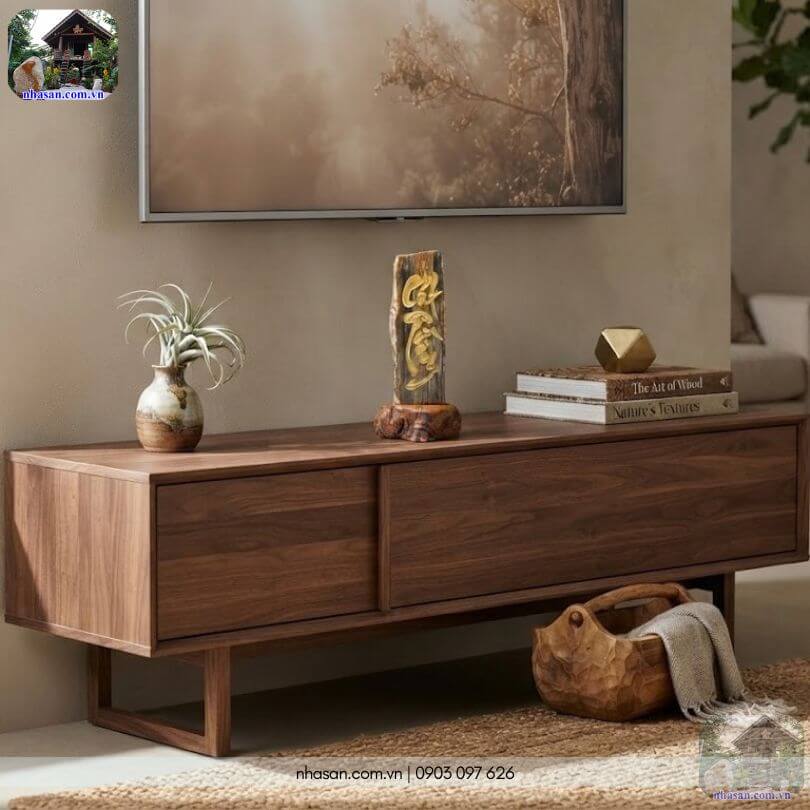 Trụ gỗ hóa thạch tự nhiên GHT60 đặt trên kệ tivi gọn gàng, tinh tế Trụ gỗ hóa thạch tự nhiên GHT60 đặt trên kệ tivi gọn gàng, tinh tế