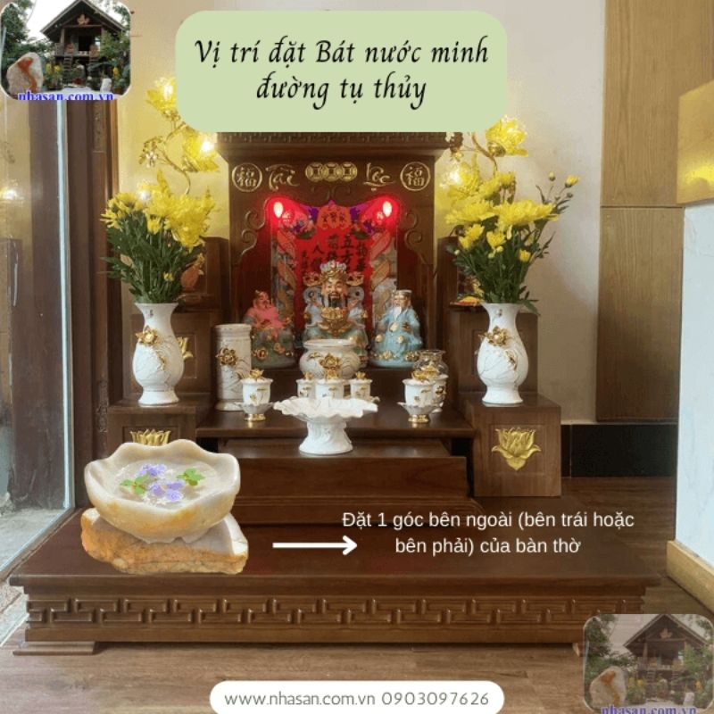 Hướng của bát nước sẽ trùng với hướng nhìn của bàn thờ Thần Tài Hướng của bát nước sẽ trùng với hướng nhìn của bàn thờ Thần Tài