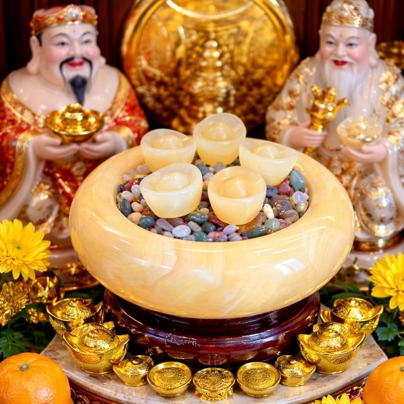 Hình dáng thường là dạng chum nhỏ, miệng rộng để đón lộc, bụng phình to để chứa lộc Hình dáng thường là dạng chum nhỏ, miệng rộng để đón lộc, bụng phình to để chứa lộc