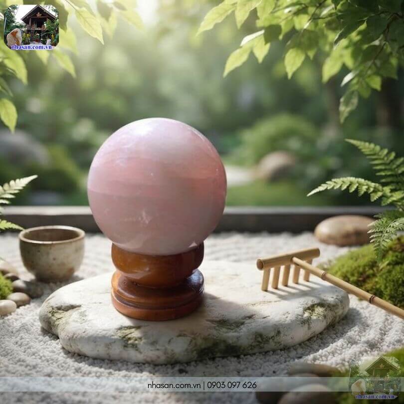 bi cầu thạch anh hồng Sử dụng bi cầu thạch anh hồng để trang trí tiểu cảnh vườn Zen mini