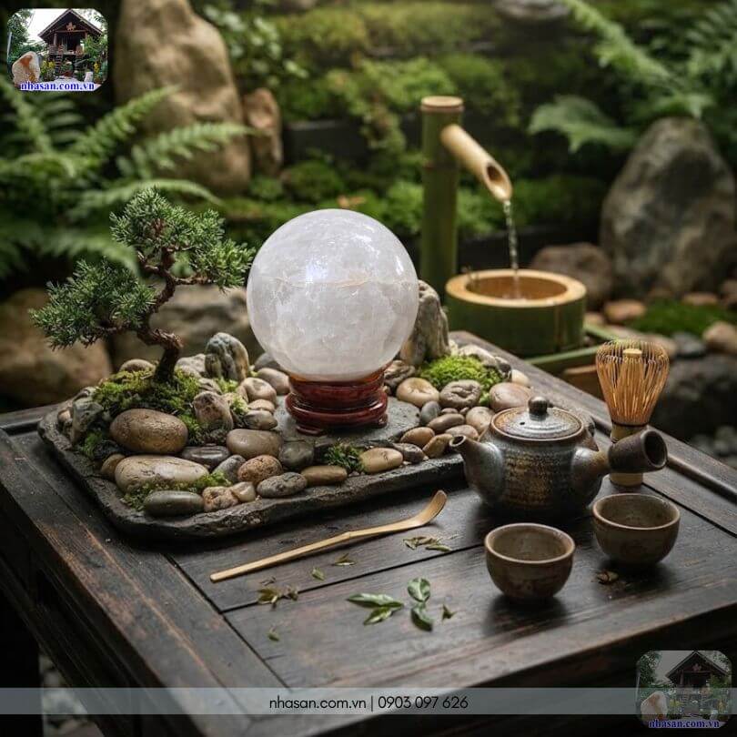 Bi cầu thạch anh trắng bài trí tiểu cảnh bàn trà đẹp mắt, hài hòa. Bi cầu thạch anh trắng bài trí tiểu cảnh bàn trà đẹp mắt, hài hòa.