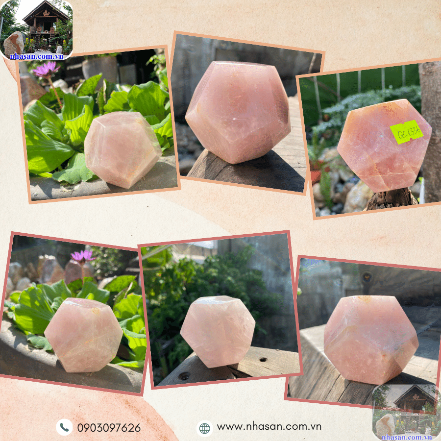 Bi giác 12 mặt được chế tác từ đá thạch anh hồng tự nhiên nguyên khối Bi giác 12 mặt được chế tác từ đá thạch anh hồng tự nhiên nguyên khối