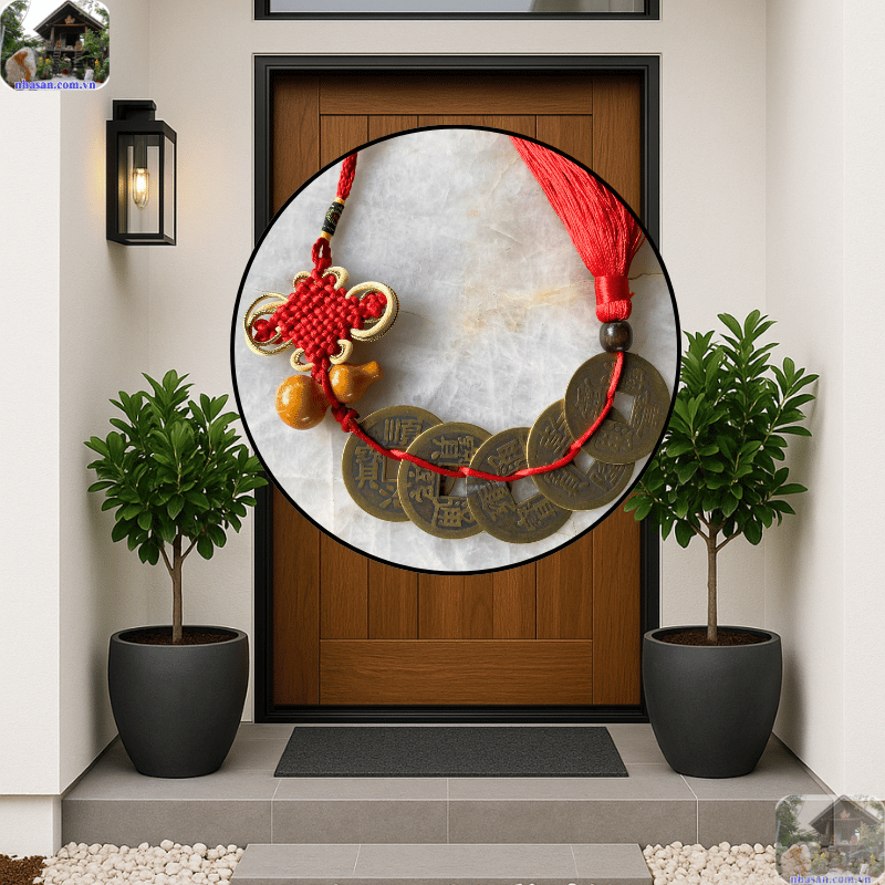 Treo chuỗi đồng xu phong thủy ở phía trên khung cửa chính phía trong nhà Treo chuỗi đồng xu phong thủy ở phía trên khung cửa chính phía trong nhà