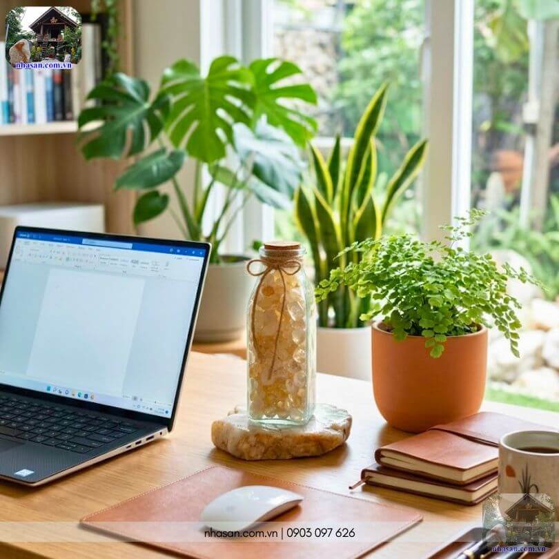 Chai đá thạch anh vàng vụn được đặt trên bàn làm việc Chai đá thạch anh vàng vụn được đặt trên bàn làm việc