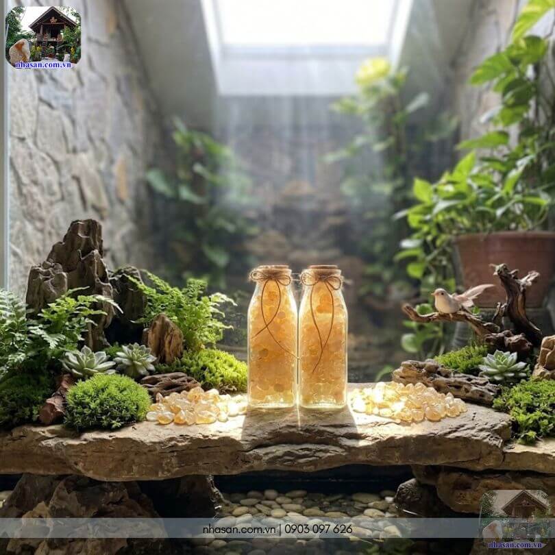 Trang trí tiểu cảnh tại giếng trời với chai đá thạch anh vàng vụn tự nhiên Trang trí tiểu cảnh tại giếng trời với chai đá thạch anh vàng vụn tự nhiên