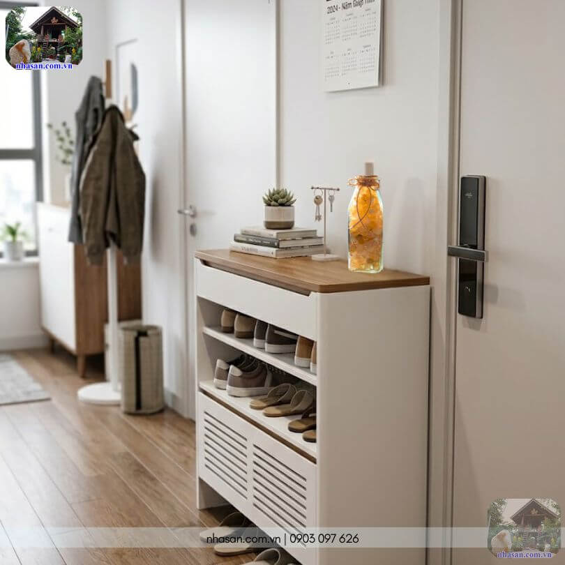 Chai đá thạch anh vàng vụn được đặt trên tủ giày Chai đá thạch anh vàng vụn được đặt trên tủ giày
