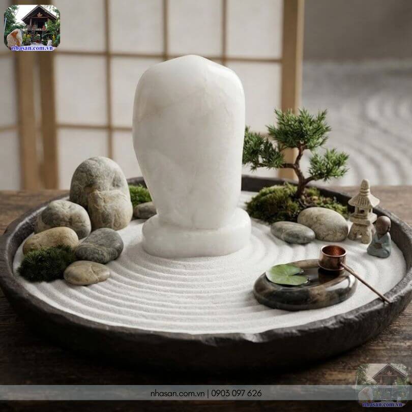 Trang trí tiểu cảnh Zen với trụ đá thạch anh trắng T510 Trang trí tiểu cảnh Zen với trụ đá thạch anh trắng T510