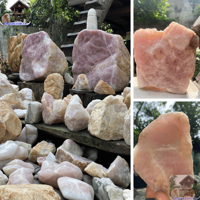 Đá thạch anh hồng thô có độ đậm nhạt, vết phèn nứt khác nhau Đá thạch anh hồng thô có độ đậm nhạt, vết phèn nứt khác nhau