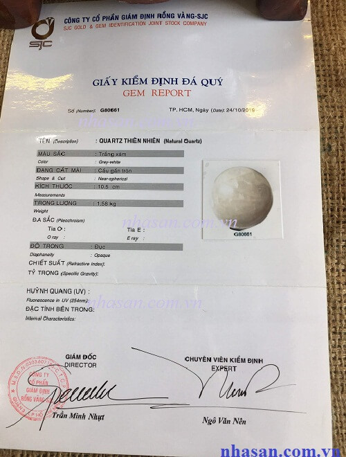 Giấy Kiểm Định Đá Thạch Anh Tự Nhiên