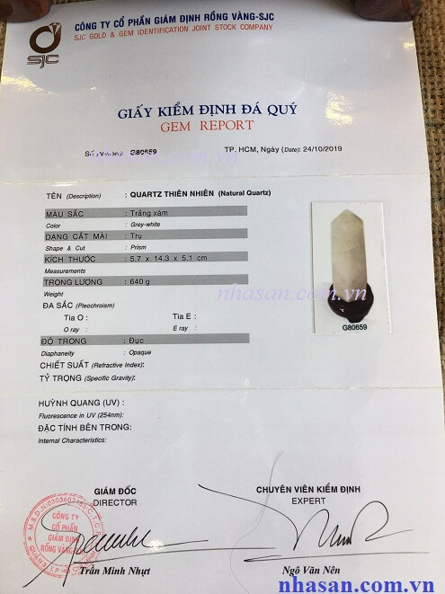 Giấy Kiểm Định Trụ Đá Thạch Anh Tự Nhiên