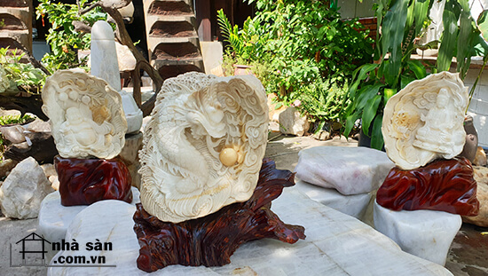 Vỏ Sò Tai Tượng Hóa Thạch Điêu Khắc Tượng Rồng Chầu Ngọc Phong Thủy