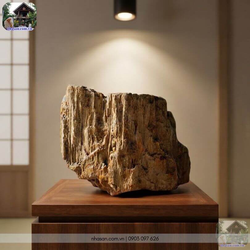 Khối gỗ hóa thạch thô HTT04 được trưng bày trong không gian sống Khối gỗ hóa thạch thô HTT04 được trưng bày trong không gian sống