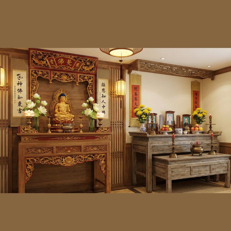 Sắp xếp vật phẩm trên bàn thờ Phật và gia tiên cần đảm bảo nguyên tắc Phật cao, gia tiên thấp Sắp xếp vật phẩm trên bàn thờ Phật và gia tiên cần đảm bảo nguyên tắc Phật cao, gia tiên thấp